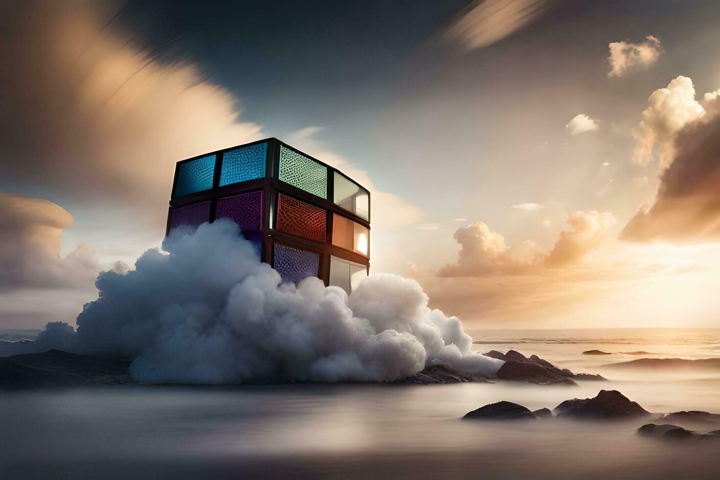 een kubus drijvend in de oceaan met wolken. ai-gegenereerd foto
