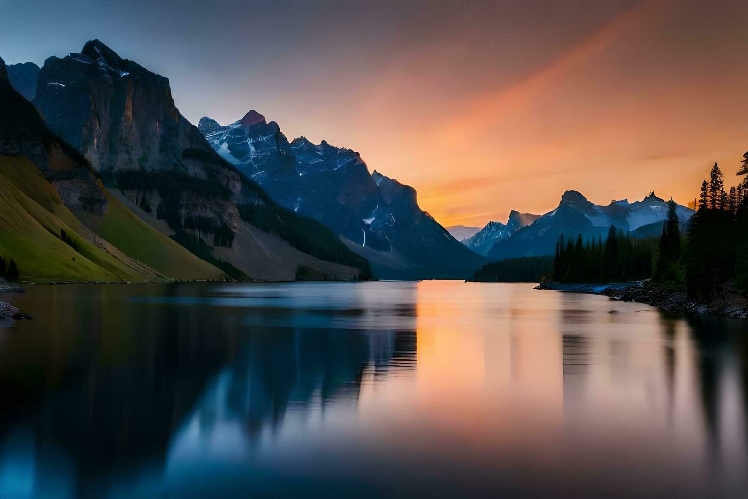 een mooi zonsondergang over- een berg meer. ai-gegenereerd foto