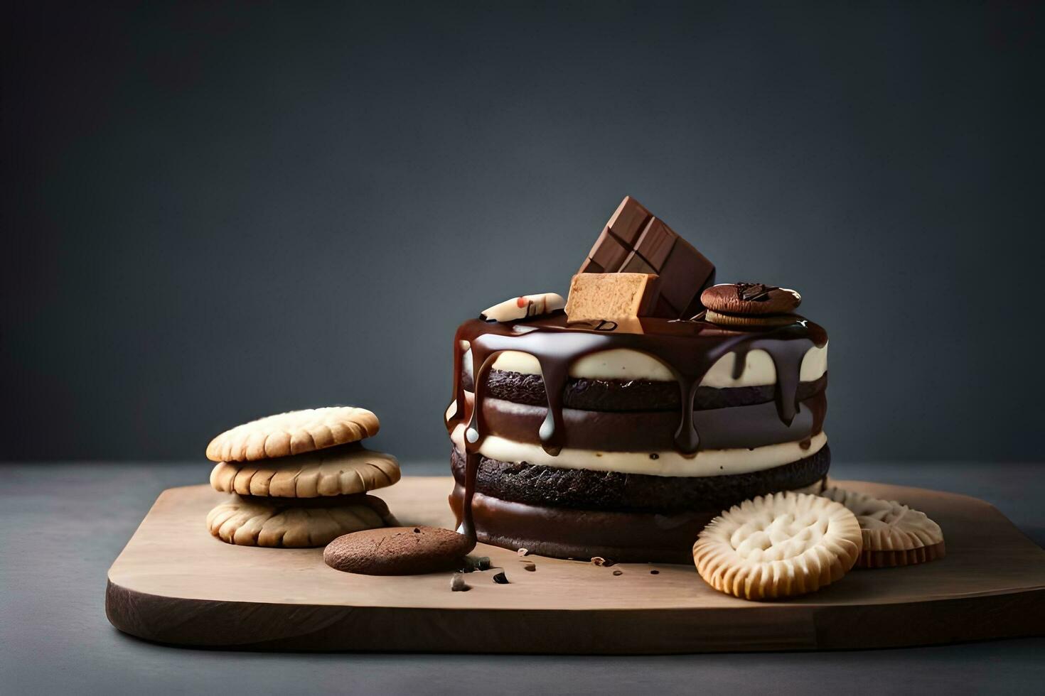 een chocola taart met koekjes en een chocola bar. ai-gegenereerd foto