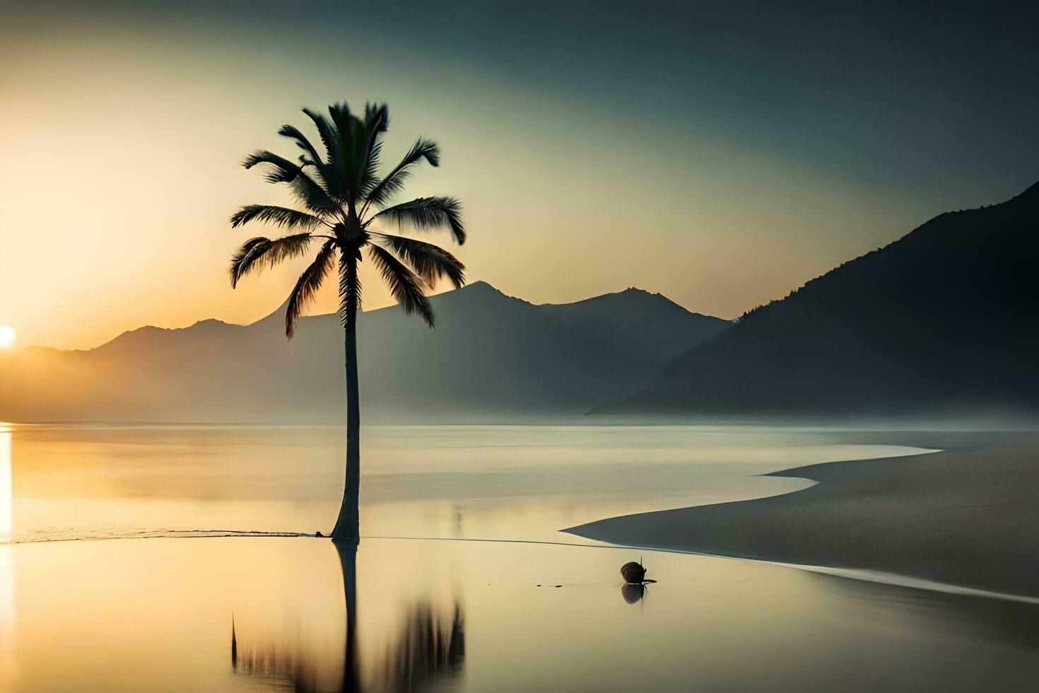 een eenzaam palm boom staat Aan de strand Bij zonsondergang. ai-gegenereerd foto