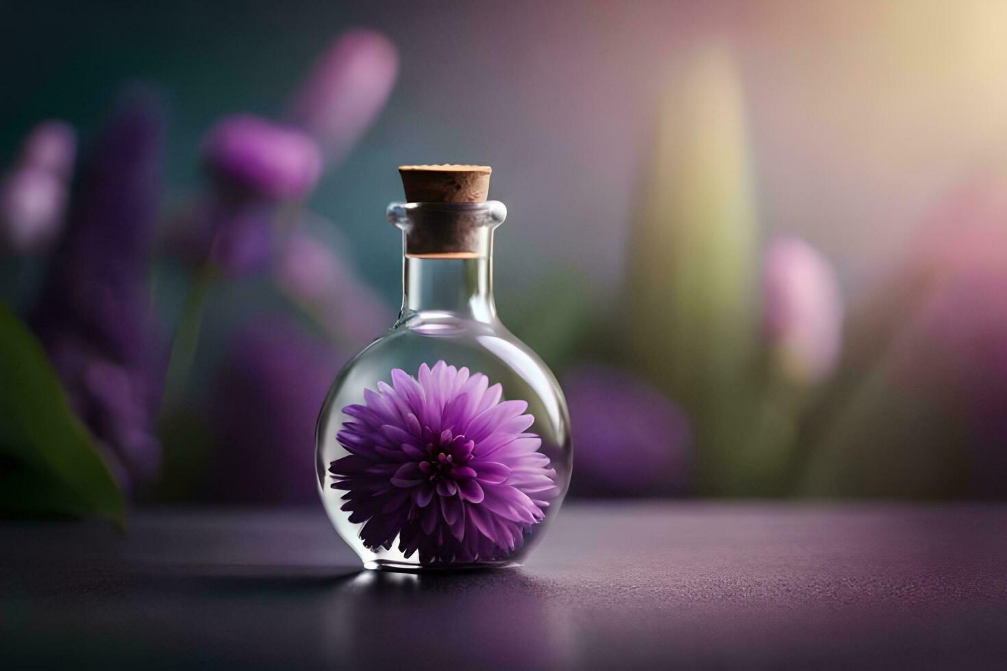 een fles met Purper bloemen in het Aan een tafel. ai-gegenereerd foto