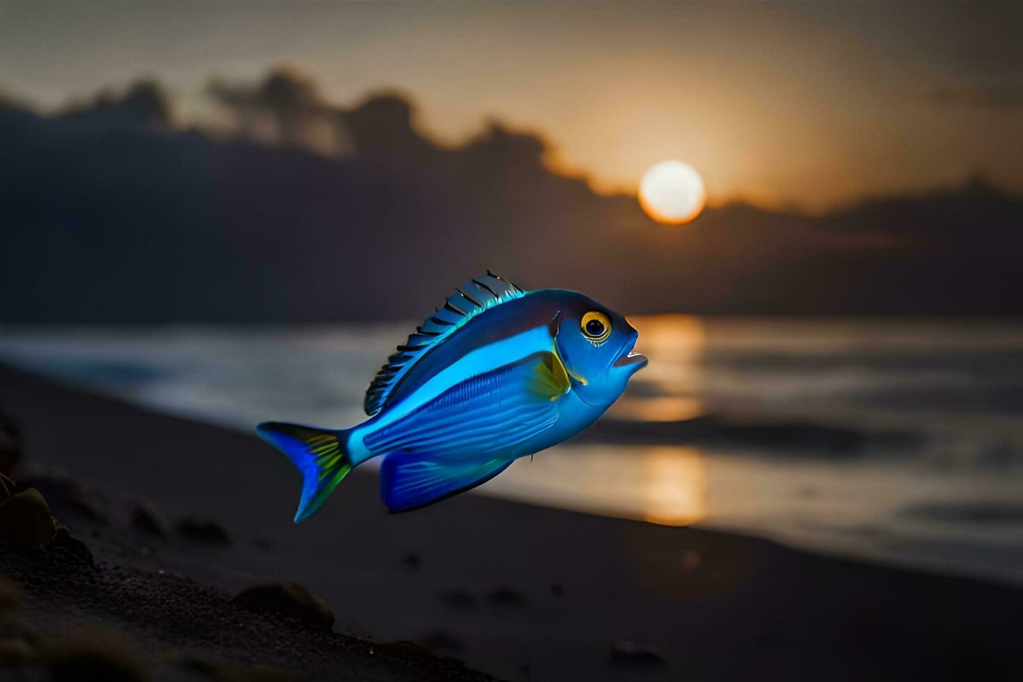 een blauw en geel vis is Aan de strand Bij zonsondergang. ai-gegenereerd foto