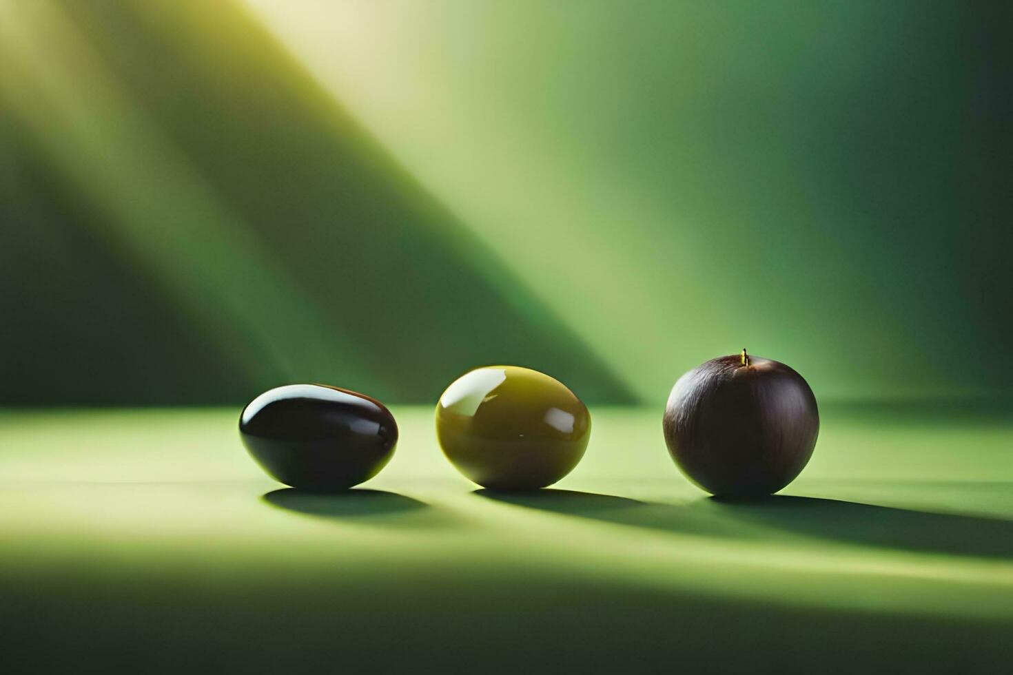 drie olijven Aan een groen achtergrond. ai-gegenereerd foto