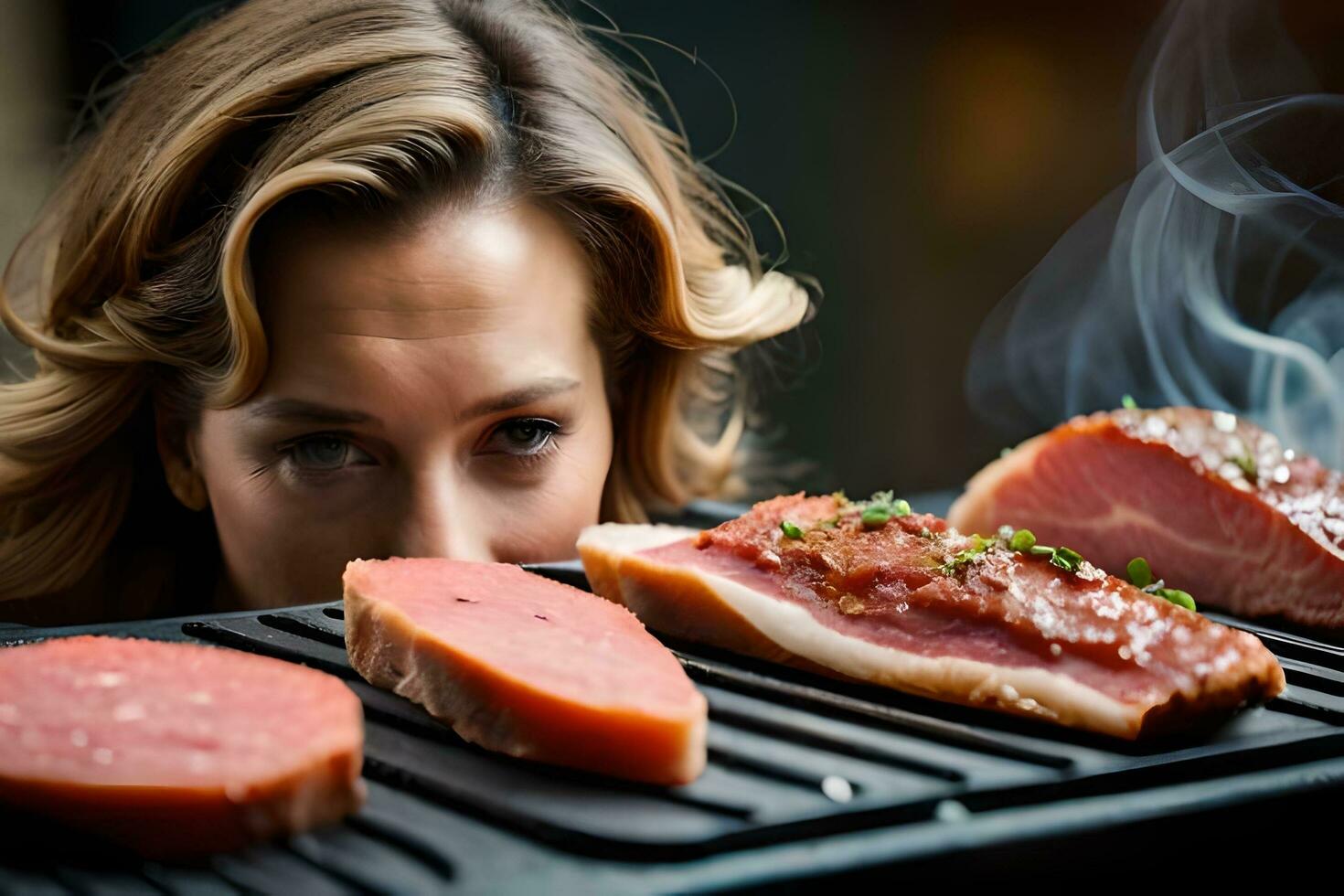 een vrouw is op zoek Bij sommige vlees Aan een grillen. ai-gegenereerd foto