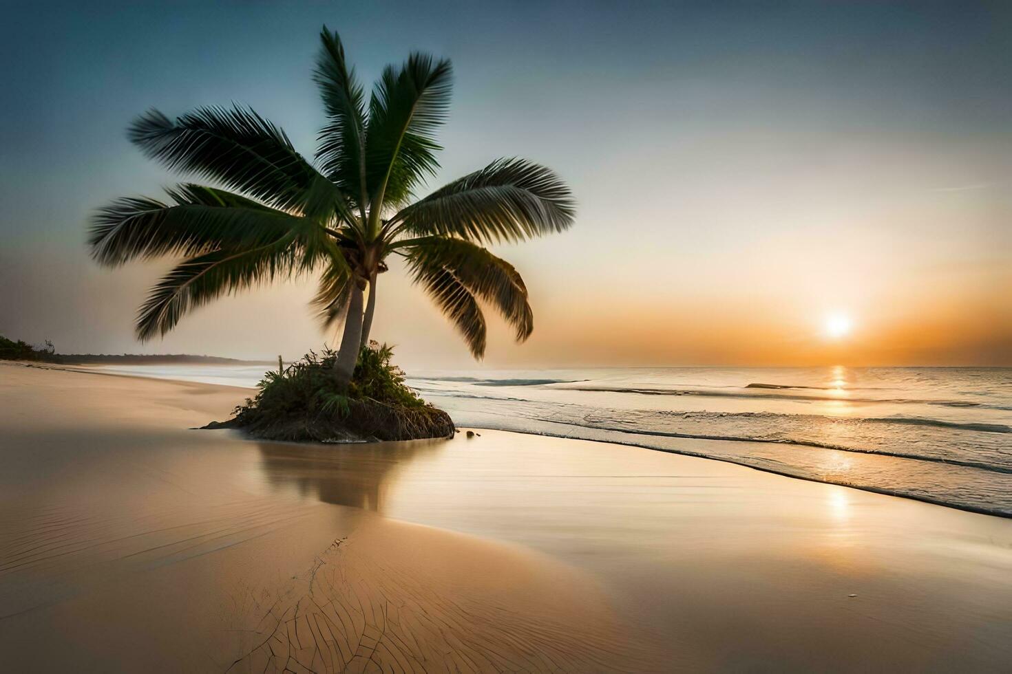 een palm boom staat Aan de strand Bij zonsondergang. ai-gegenereerd foto