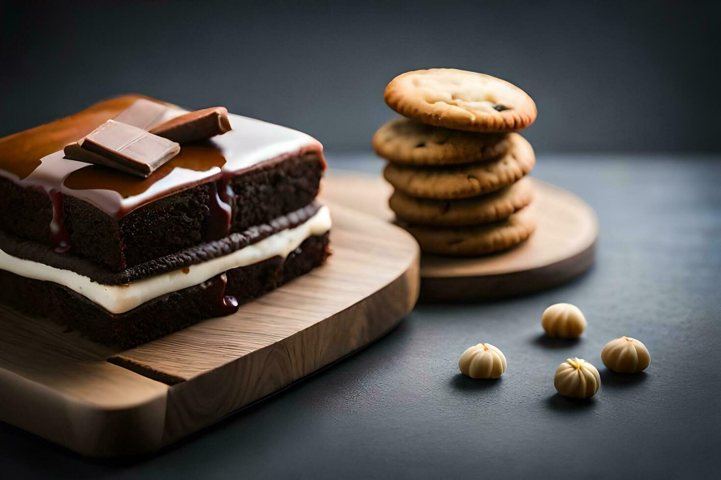 chocola taart met koekjes en room Aan een houten bord. ai-gegenereerd foto