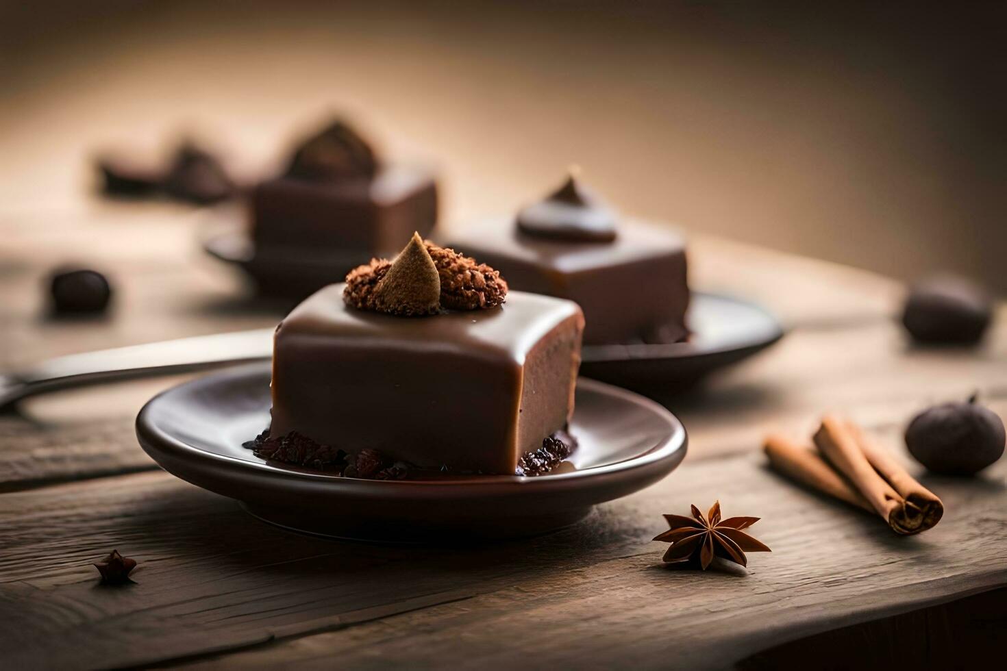 chocola taart met kaneel en anijs Aan houten tafel. ai-gegenereerd foto