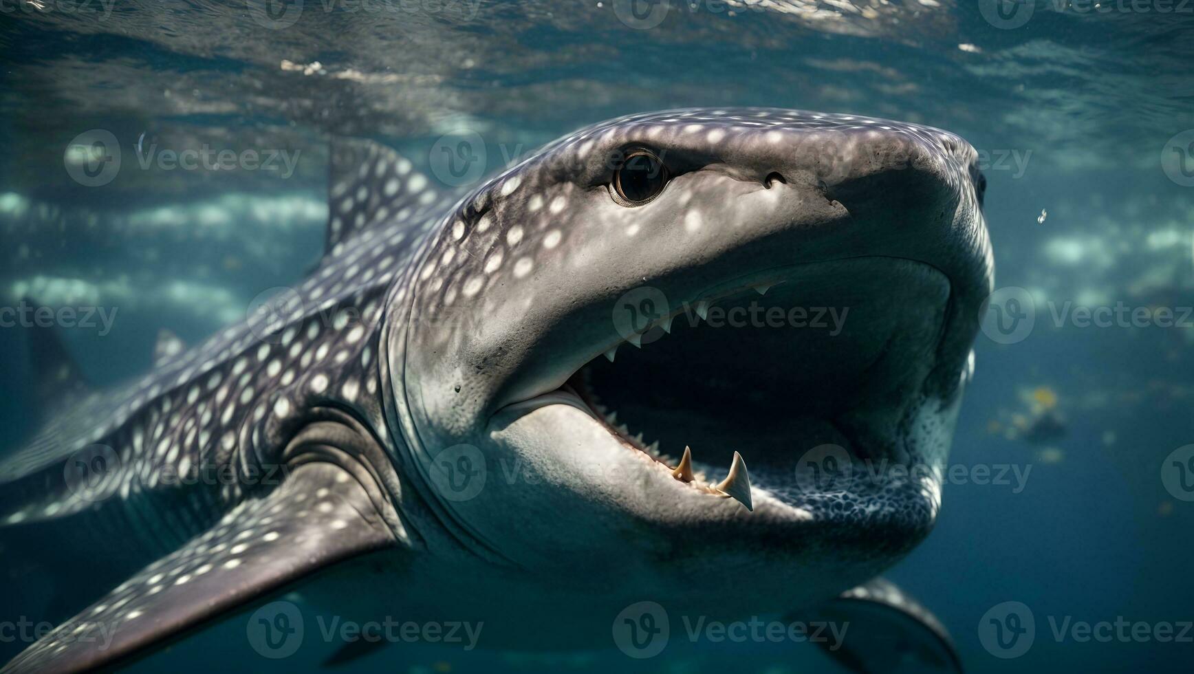 walvis haai Open mond dichtbij omhoog portret onderwater. ai gegenereerd foto