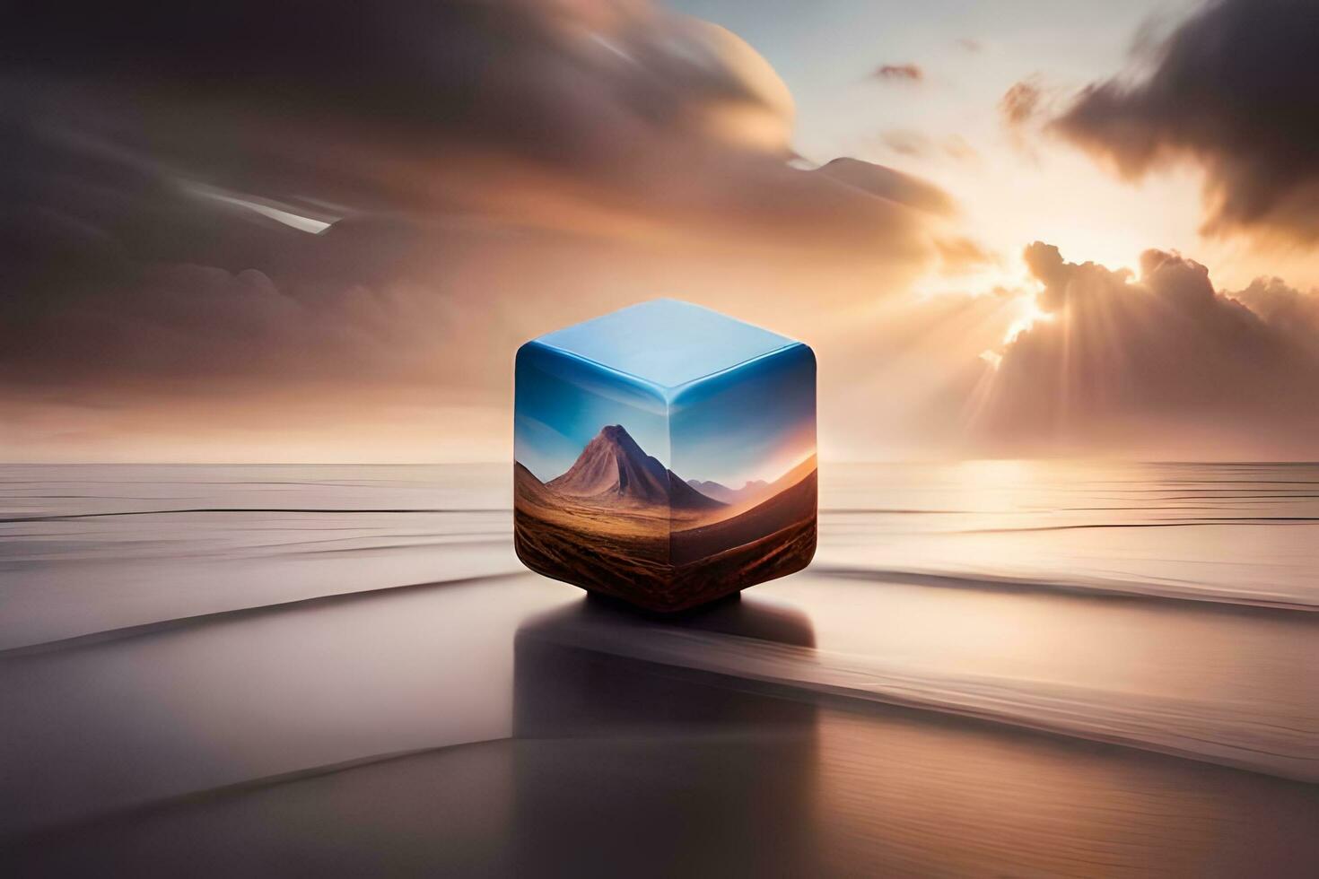 een kubus met een berg in de achtergrond. ai-gegenereerd foto