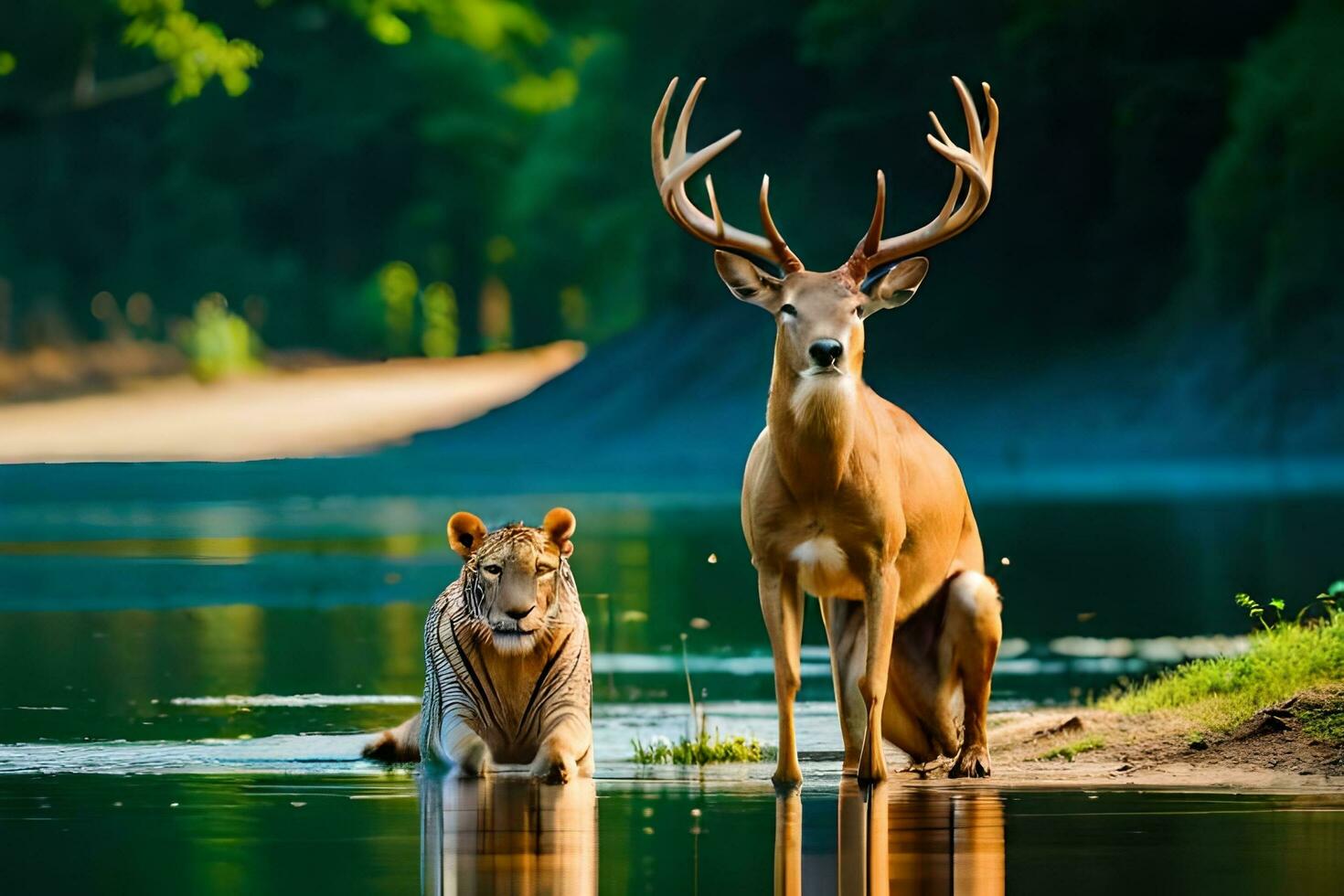 een tijger en een hert staand in de water. ai-gegenereerd foto