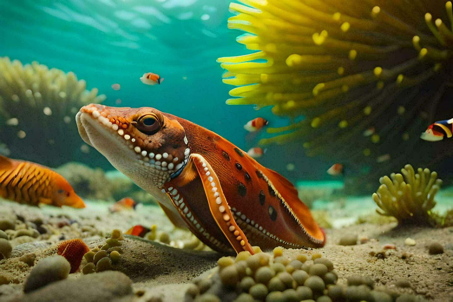 een vis zwemmen in de oceaan met een anemoon. ai-gegenereerd foto