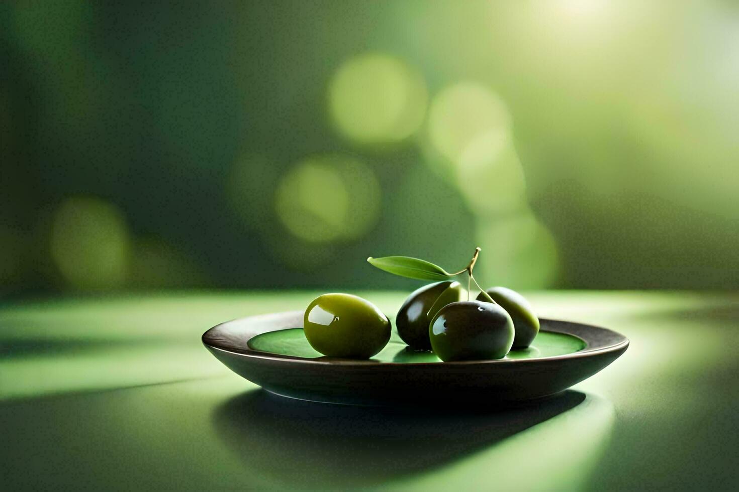 olijven in een kom Aan een tafel. ai-gegenereerd foto