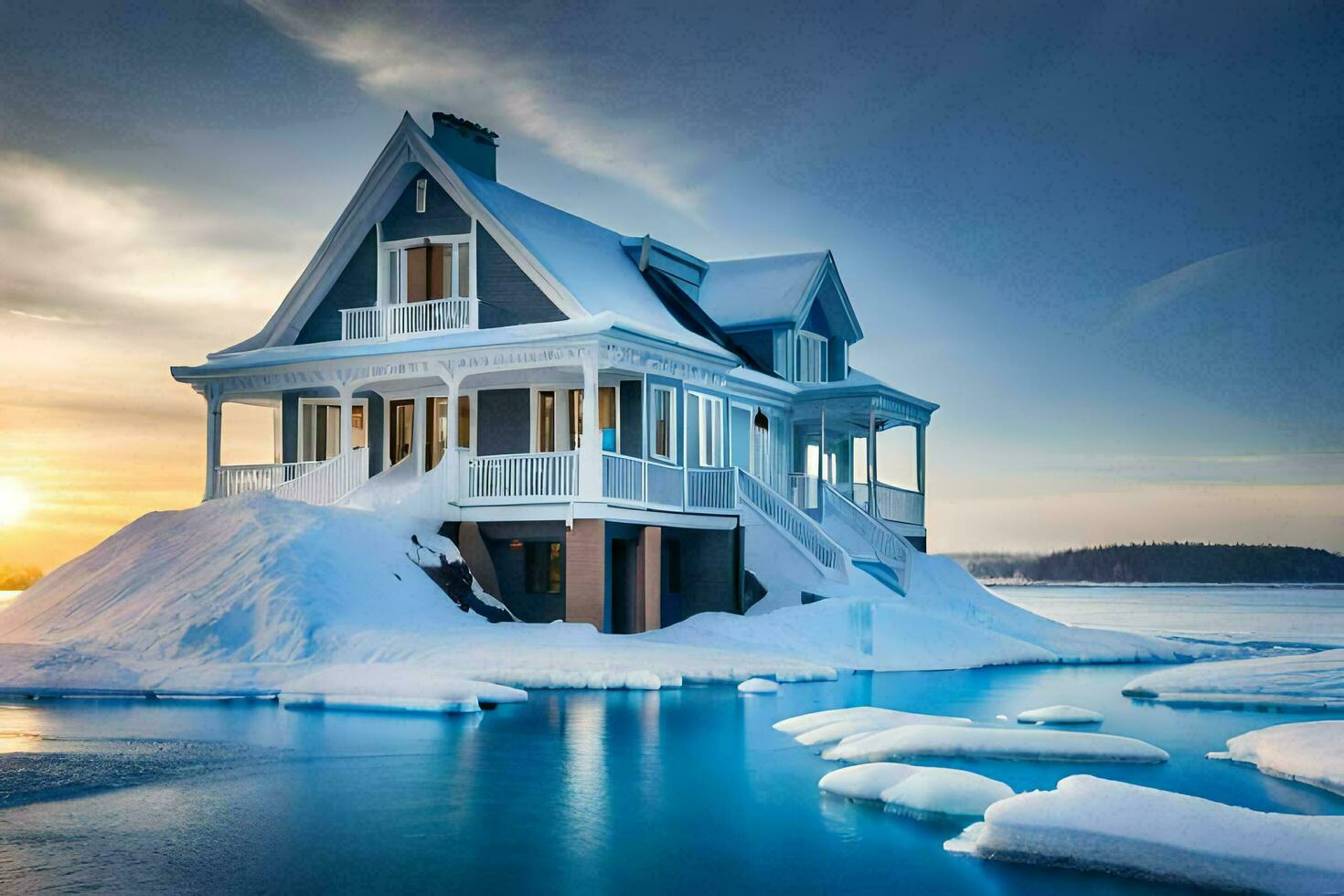 een huis Aan ijs in de midden- van de oceaan. ai-gegenereerd foto