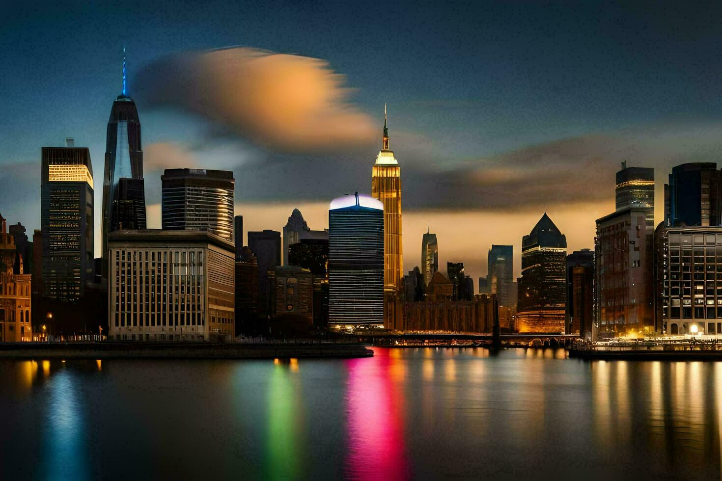 de stad horizon Bij nacht met kleurrijk lichten reflecterend uit de water. ai-gegenereerd foto