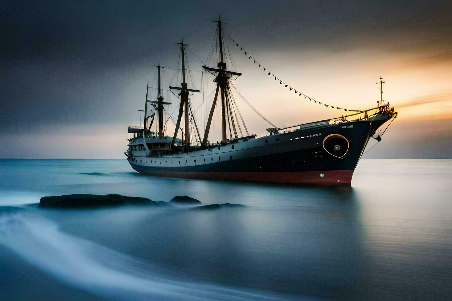 een schip in de oceaan Bij zonsondergang. ai-gegenereerd foto