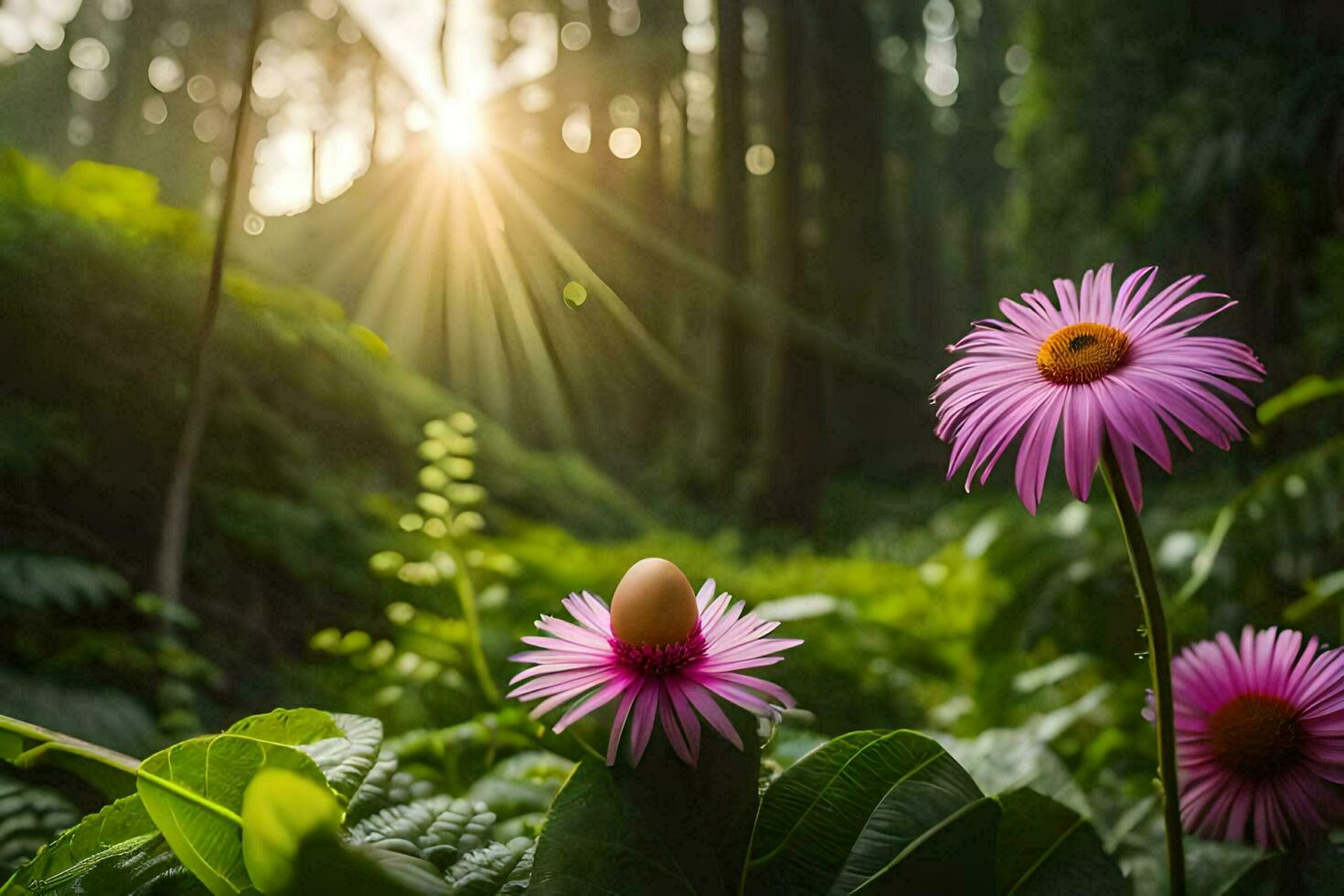 roze bloemen in de Woud met zon schijnt. ai-gegenereerd foto