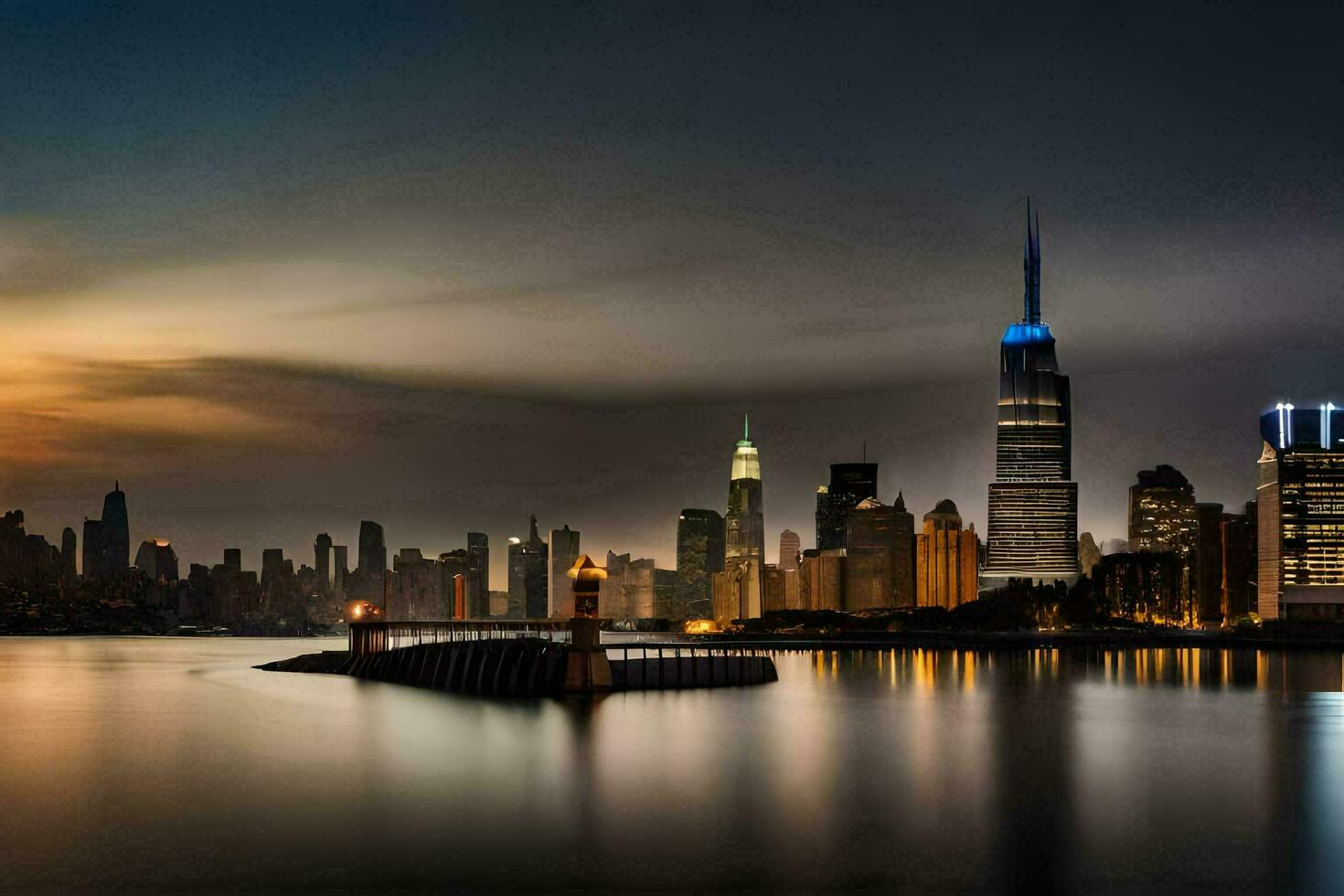 de stad horizon Bij zonsondergang met een brug in de voorgrond. ai-gegenereerd foto