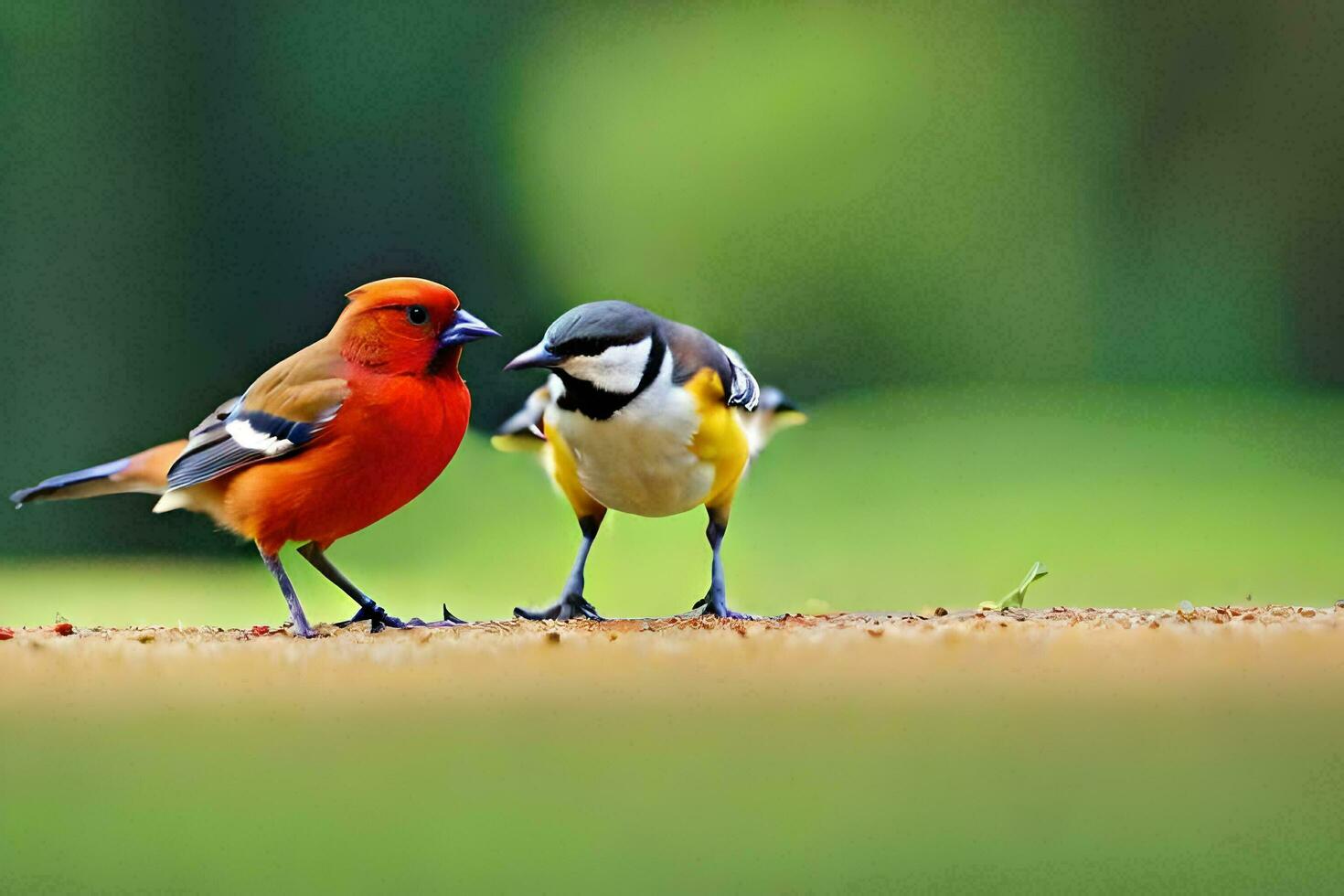 twee vogelstand staand Aan de grond met een groen achtergrond. ai-gegenereerd foto