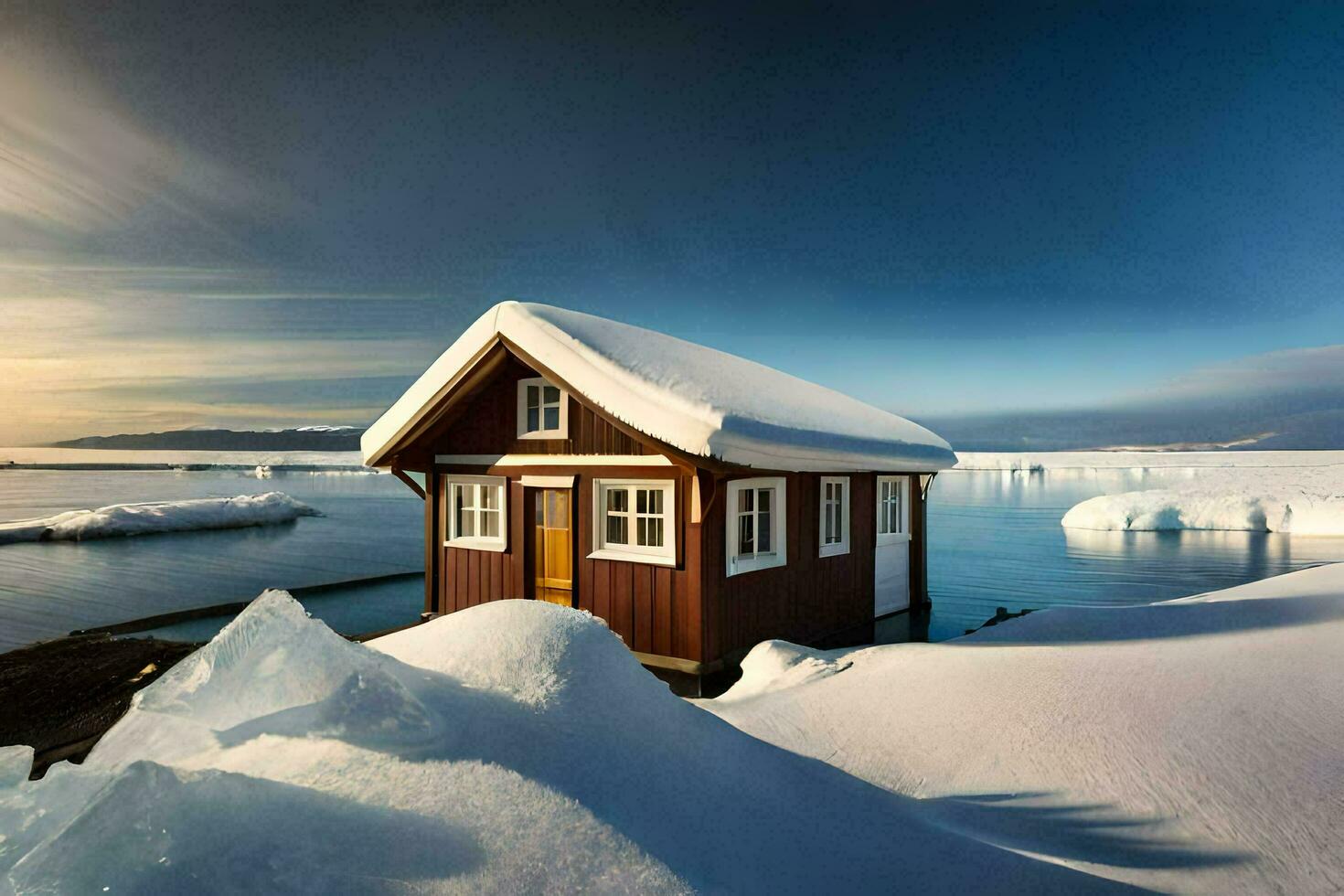 een klein houten huis zit Aan top van een ijsberg. ai-gegenereerd foto