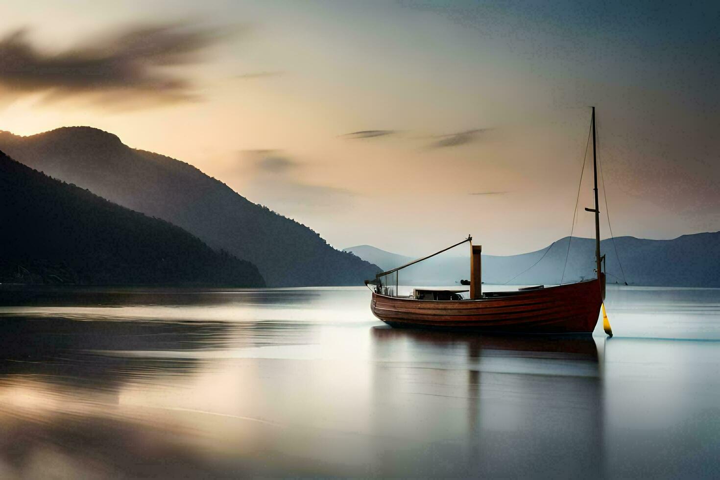 een boot in de water Bij zonsondergang. ai-gegenereerd foto