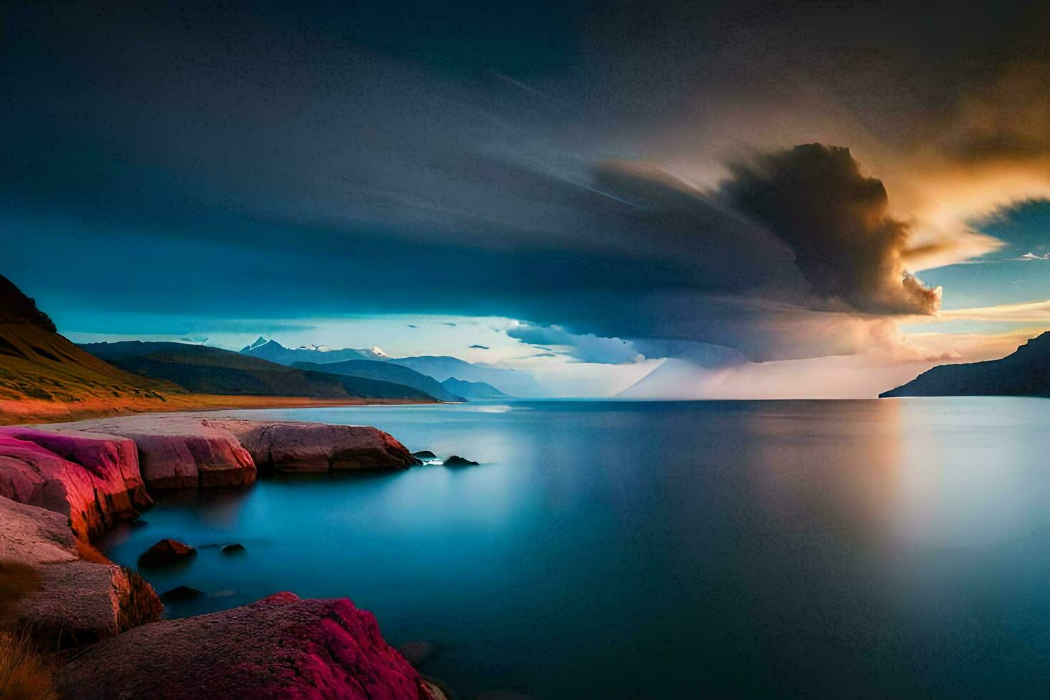 een stormachtig lucht over- een lichaam van water. ai-gegenereerd foto