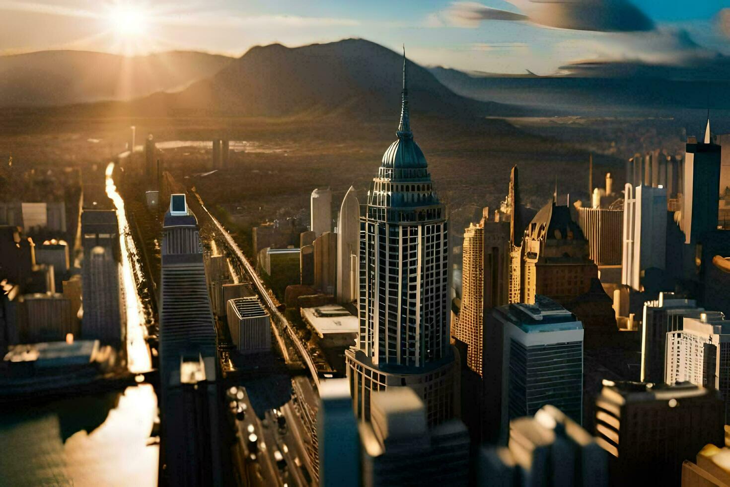 een stadsgezicht met hoog gebouwen en een berg in de achtergrond. ai-gegenereerd foto