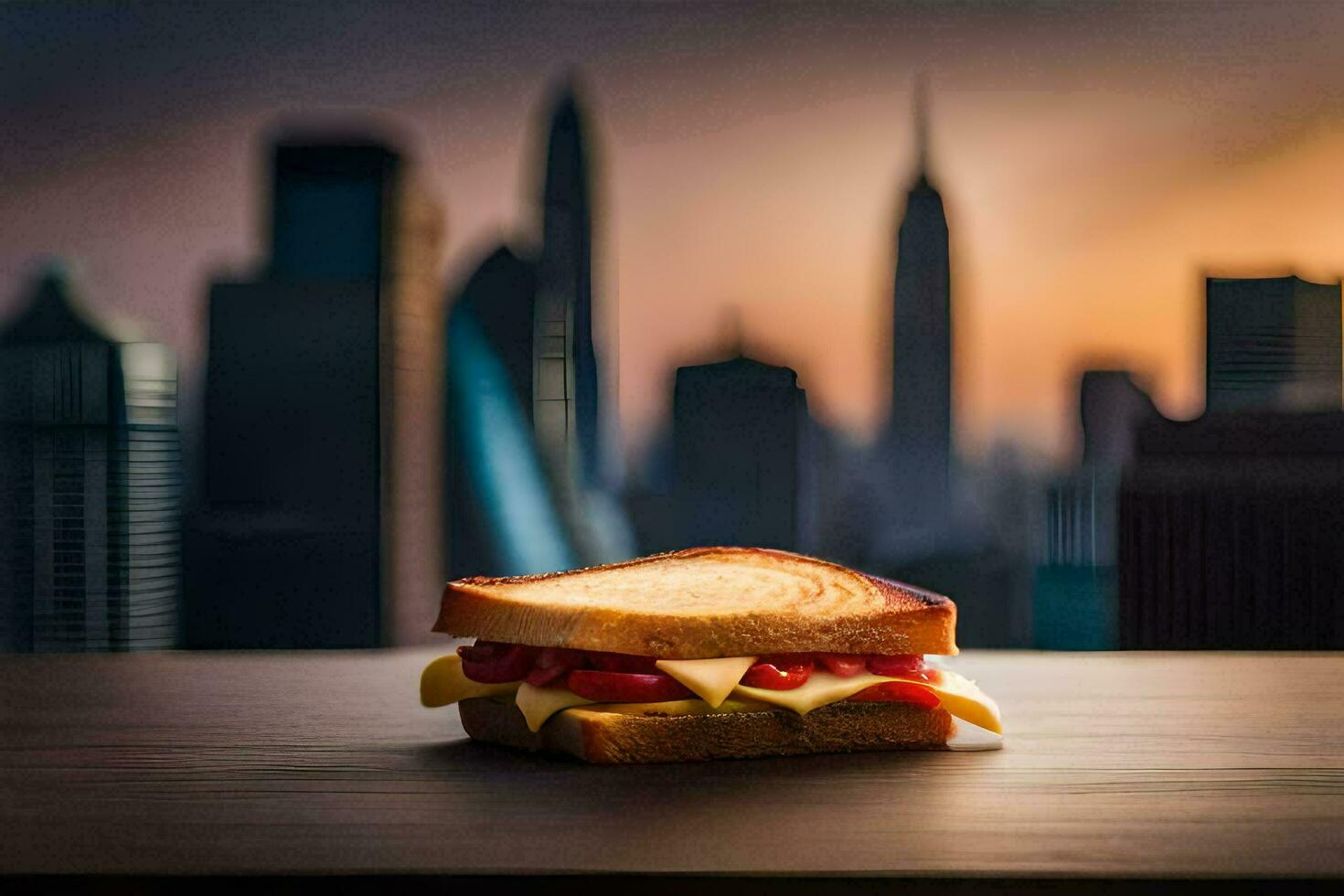 de stad horizon is de backdrop voor een Sandwich. ai-gegenereerd foto