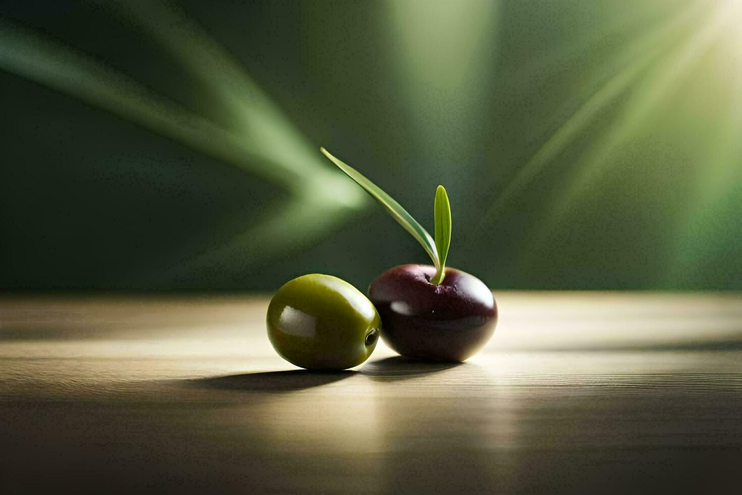 twee groen en rood olijven Aan een houten tafel. ai-gegenereerd foto