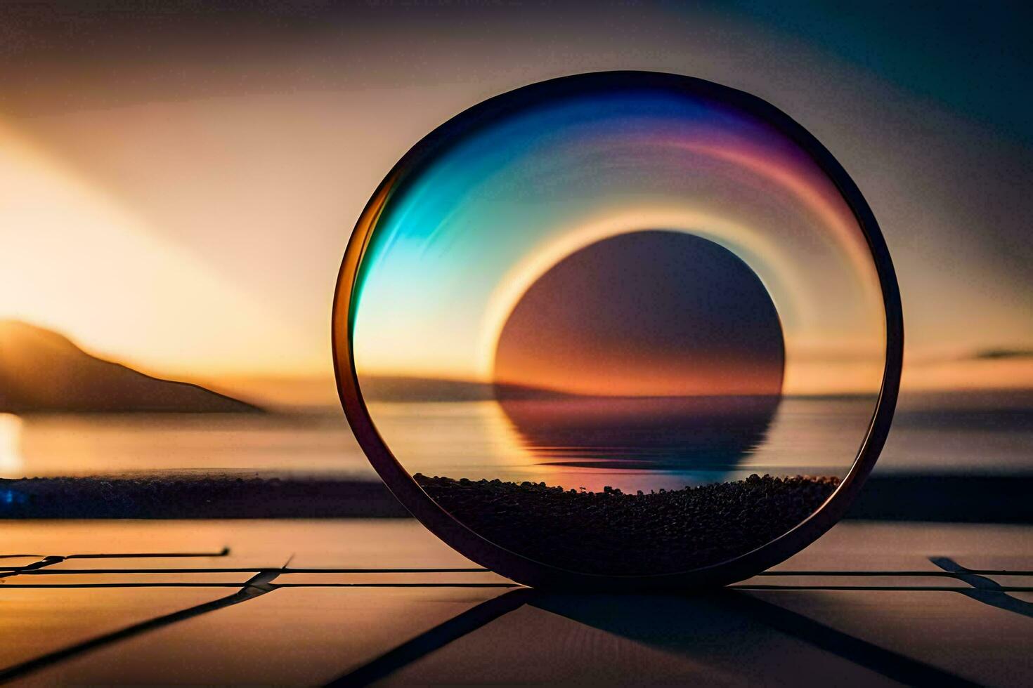 een circulaire lens met een zonsondergang in de achtergrond. ai-gegenereerd foto