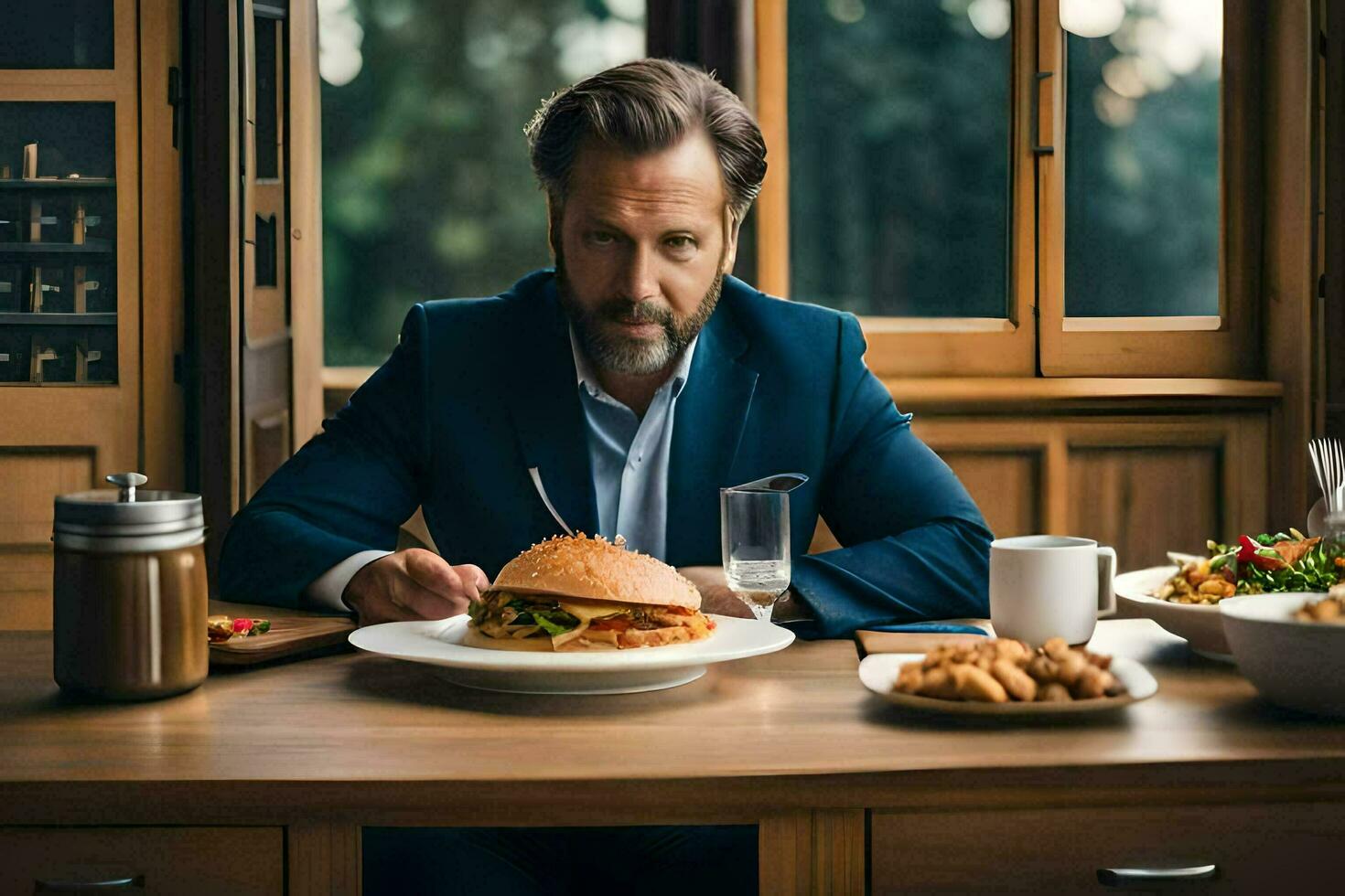 een Mens in een pak is zittend Bij een tafel met een bord van voedsel. ai-gegenereerd foto