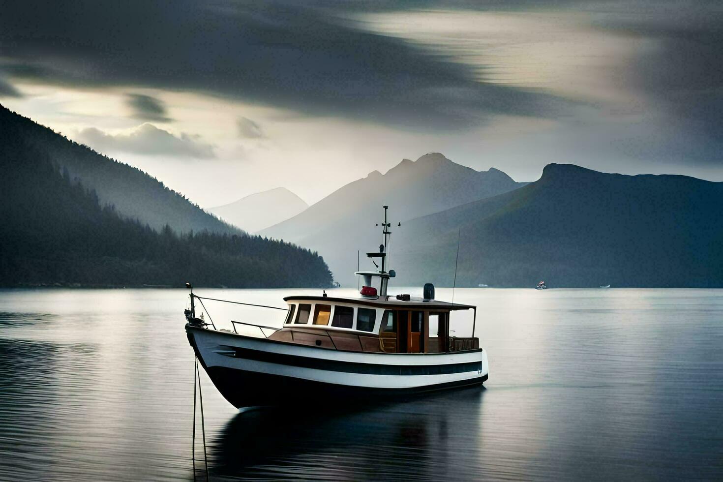 een boot in de water met bergen in de achtergrond. ai-gegenereerd foto