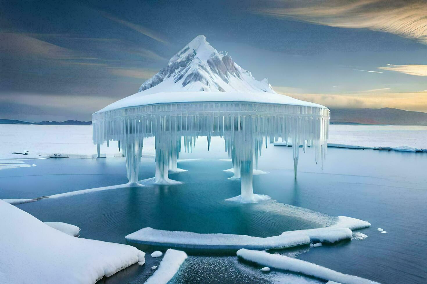 een bevroren meer met een ijs huis in de midden. ai-gegenereerd foto