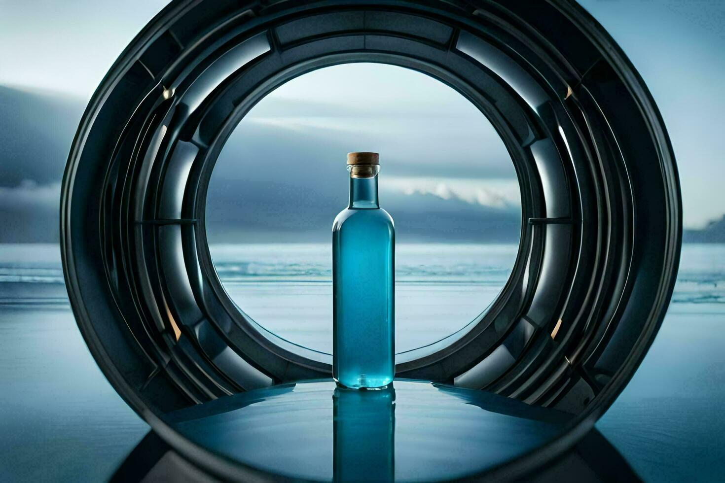 een blauw fles zittend in een circulaire gat. ai-gegenereerd foto