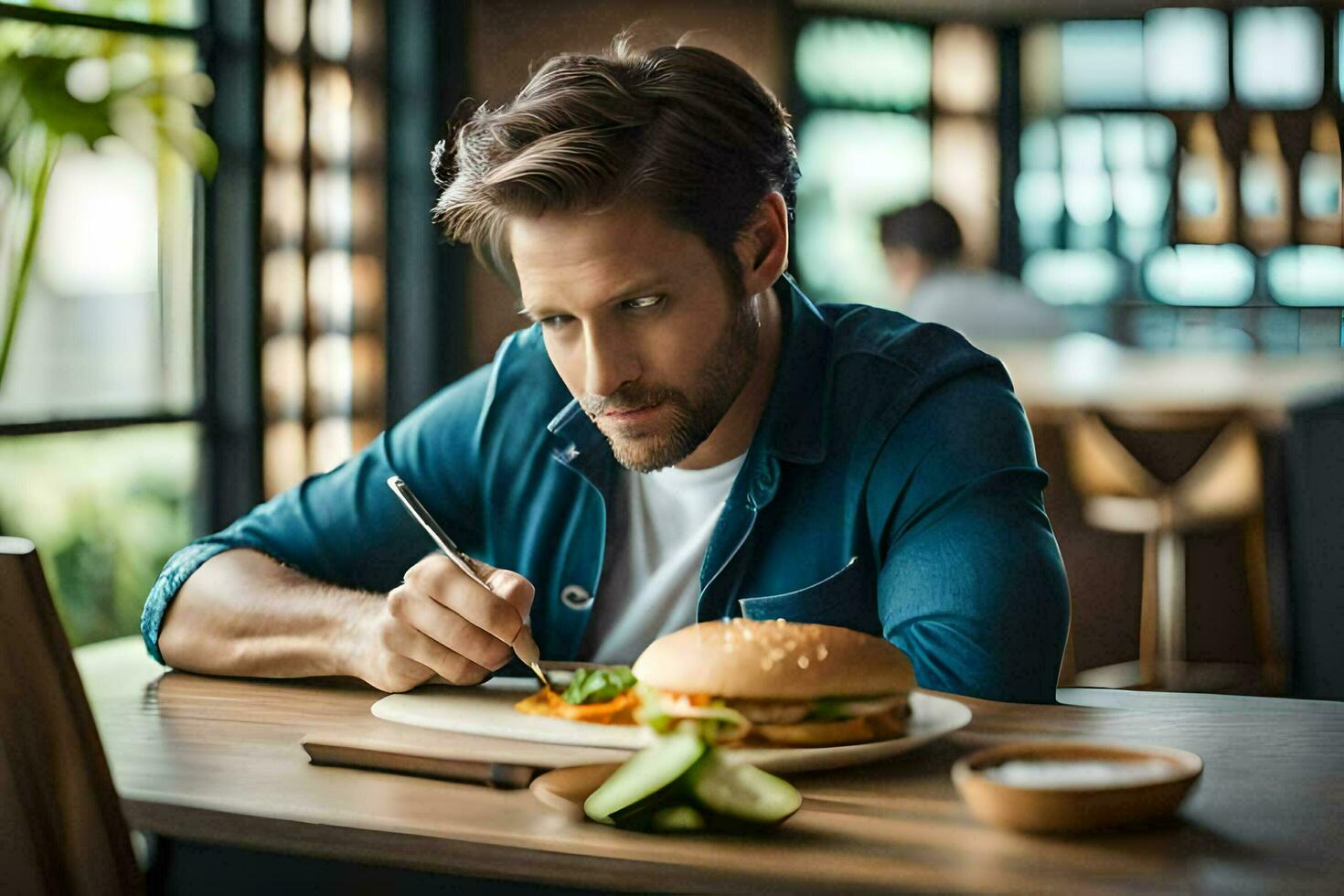 een Mens is aan het eten een hamburger en op zoek Bij het. ai-gegenereerd foto