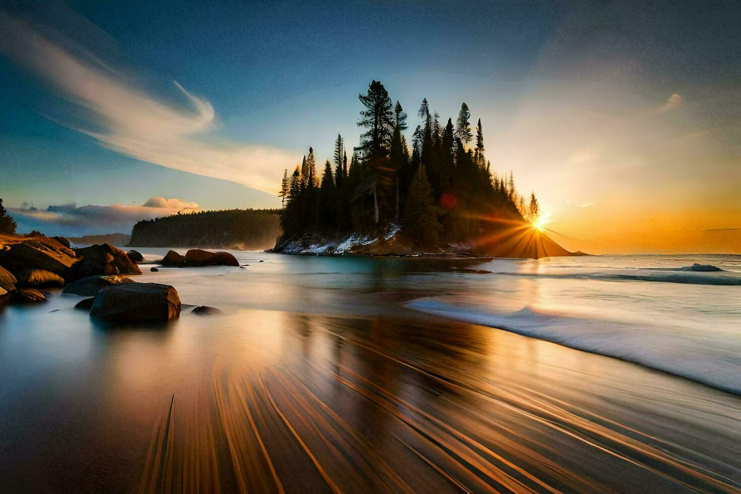 de zon sets over- een rotsachtig strand met bomen. ai-gegenereerd foto