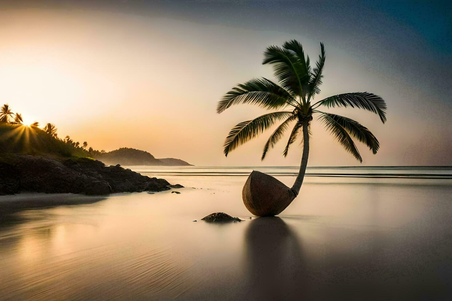 een palm boom is zittend Aan de strand Bij zonsondergang. ai-gegenereerd foto