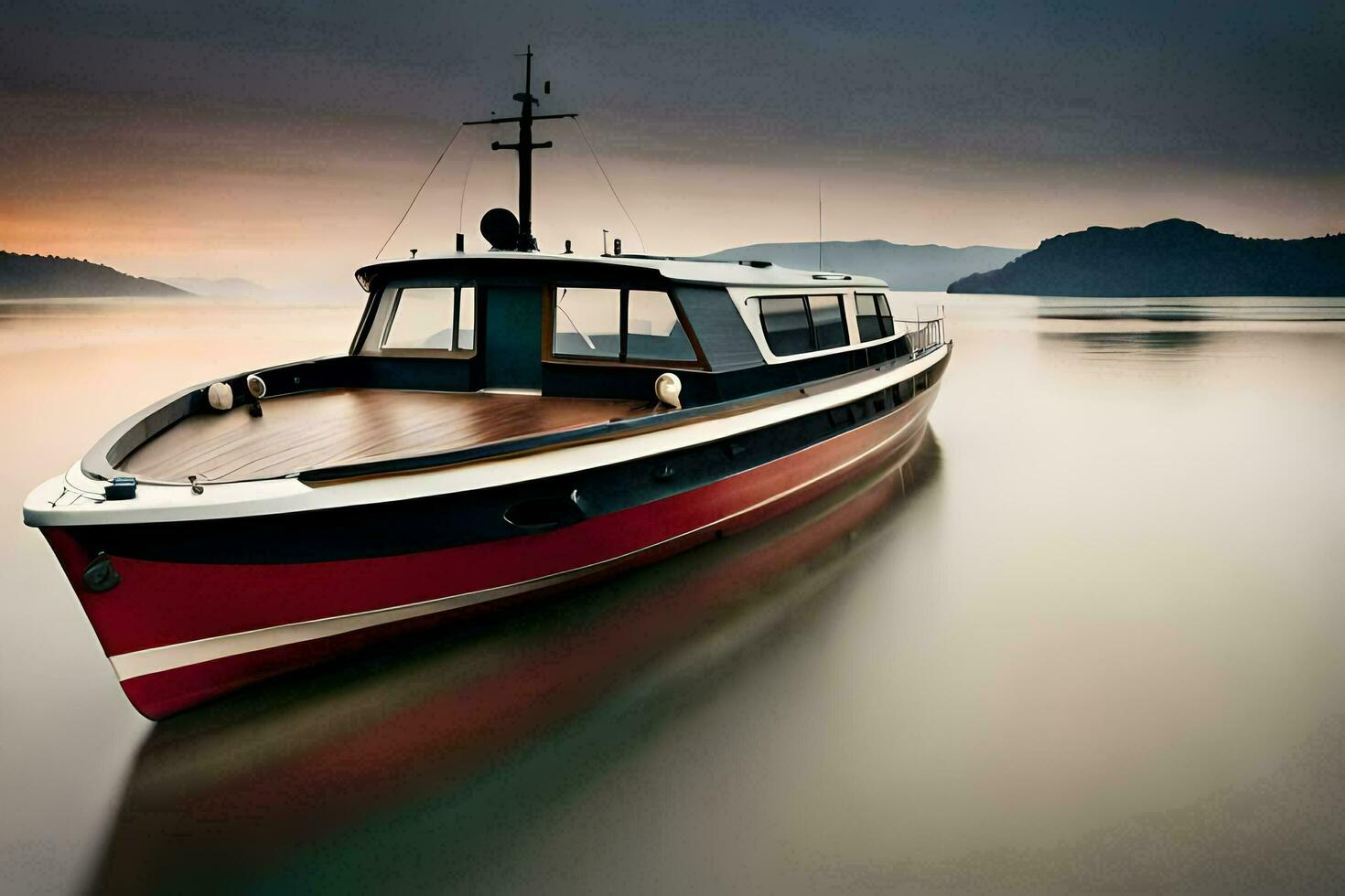 een boot is aangemeerd Aan de water Bij zonsondergang. ai-gegenereerd foto