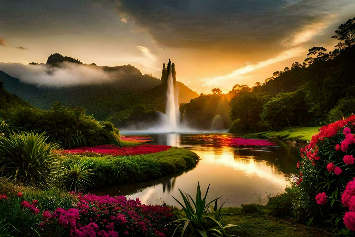 een mooi zonsondergang met een waterval en bloemen. ai-gegenereerd foto