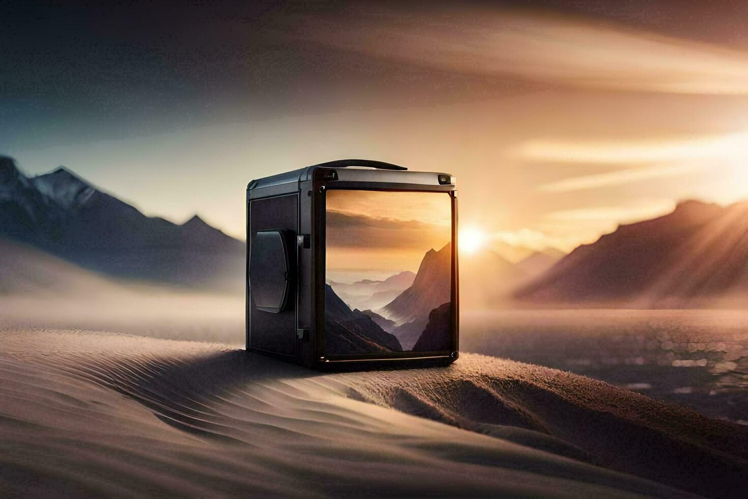een camera zittend Aan top van een zand duin in de woestijn. ai-gegenereerd foto