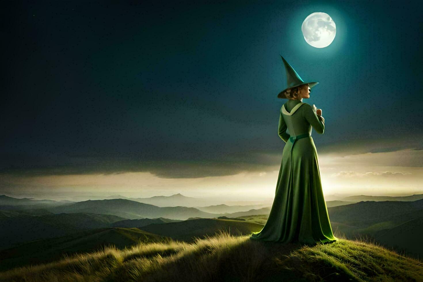 een vrouw in een groen jurk staat Aan een heuvel met uitzicht de maan. ai-gegenereerd foto