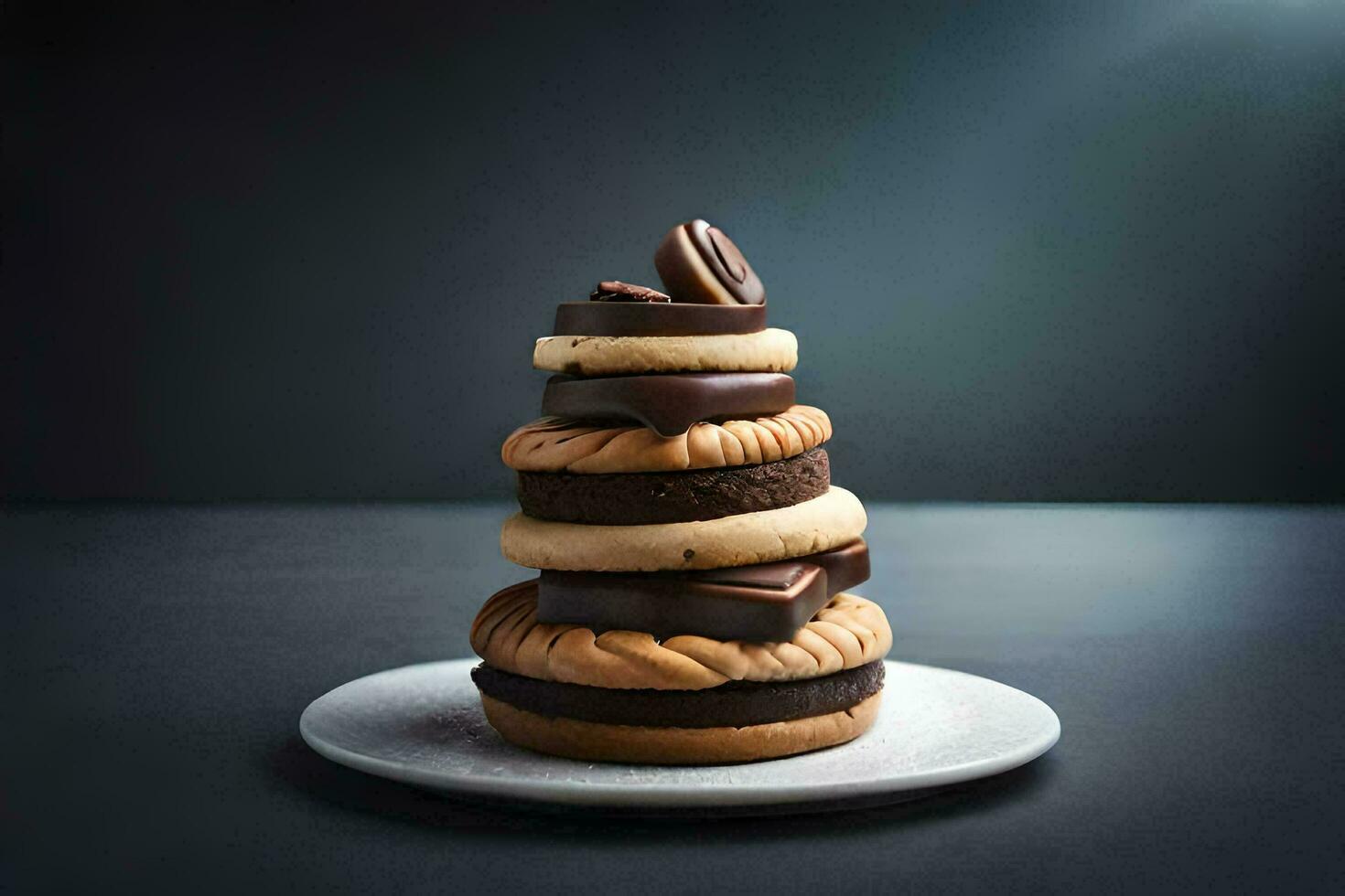een stack van koekjes Aan een bord. ai-gegenereerd foto