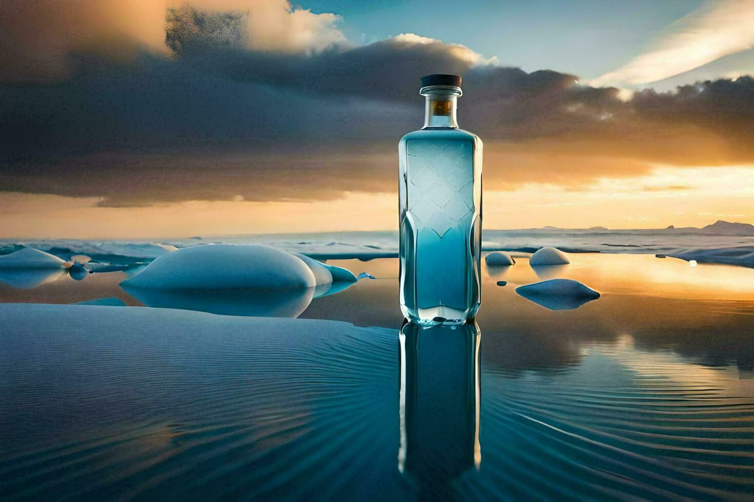 een fles van blauw gin zittend Aan de water. ai-gegenereerd foto