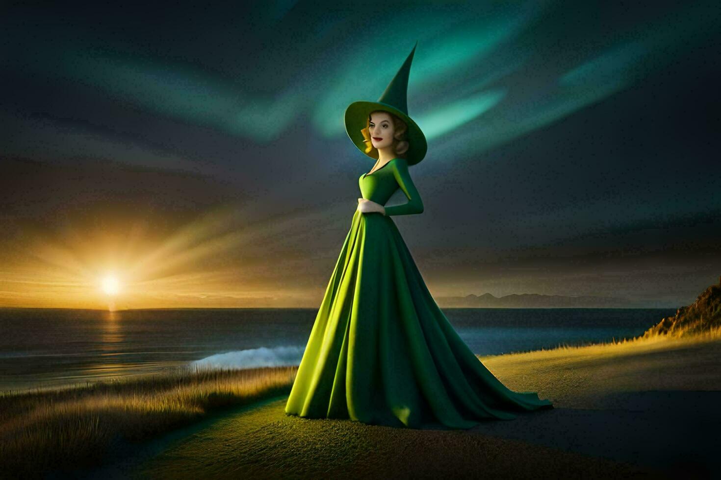 een vrouw in een groen jurk staand Aan de strand met de zon instelling achter haar. ai-gegenereerd foto