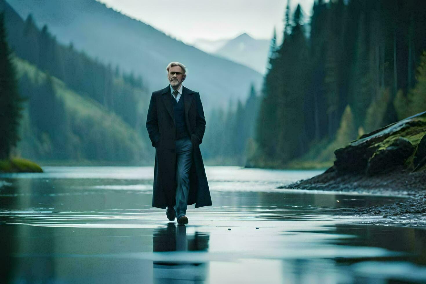 een Mens in een jas en stropdas staand in een rivier. ai-gegenereerd foto