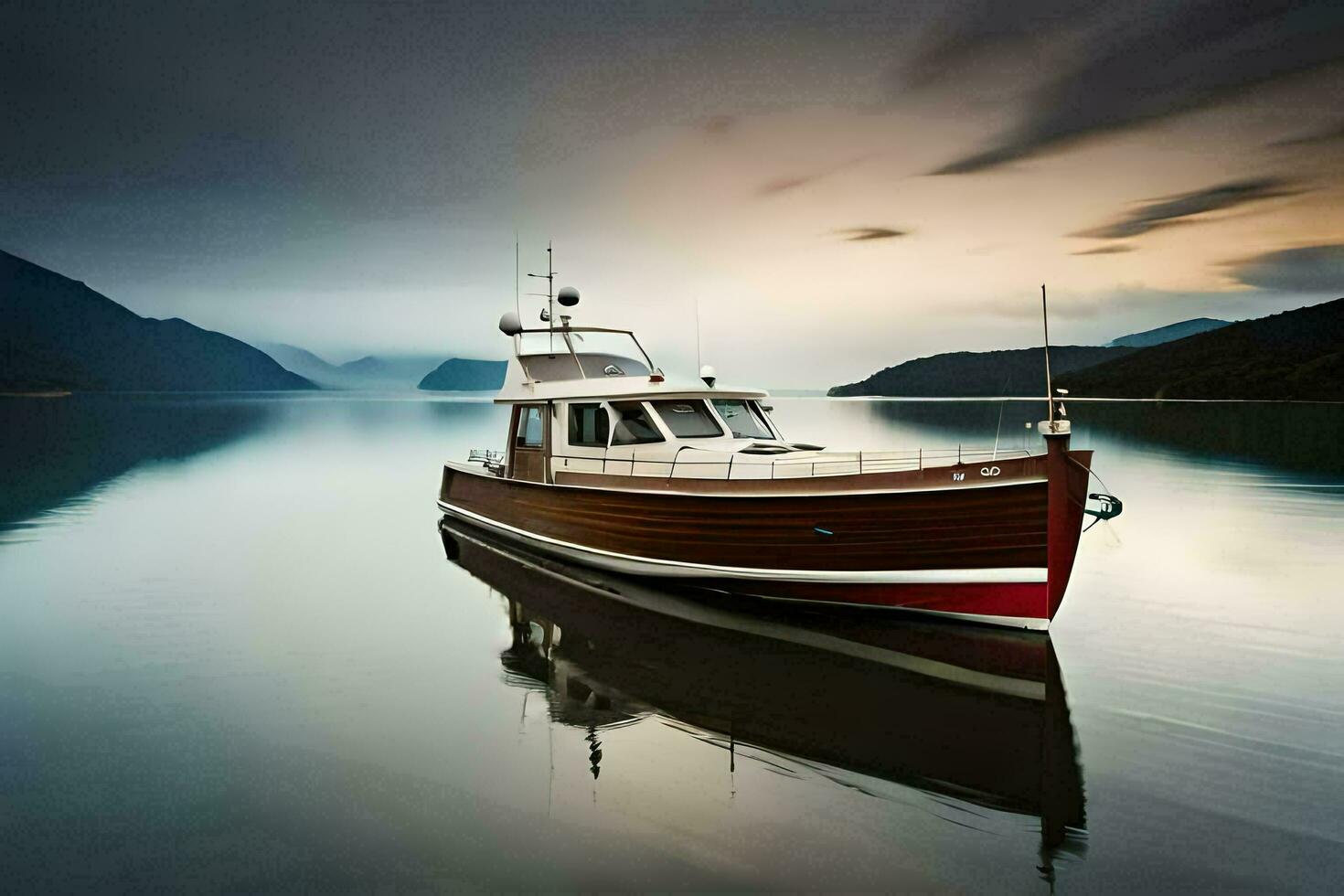 een boot is drijvend in de water Bij zonsondergang. ai-gegenereerd foto
