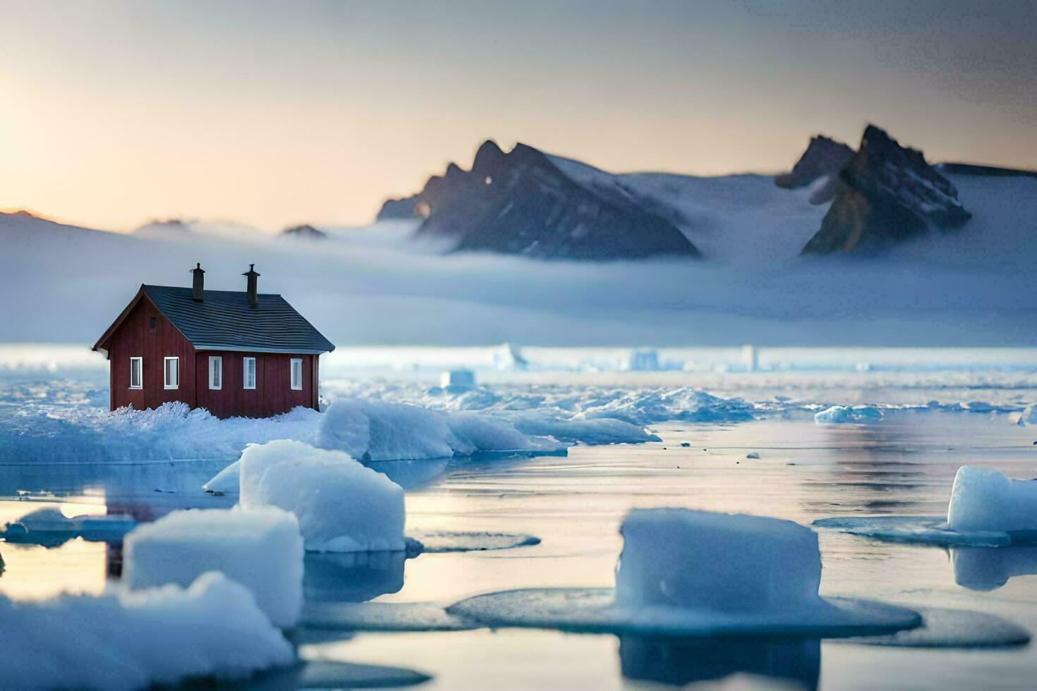 een rood huis zit Aan top van een ijsberg. ai-gegenereerd foto