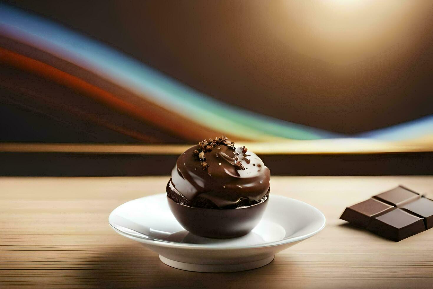 een chocola ijs room bal Aan een bord met chocola stukken. ai-gegenereerd foto