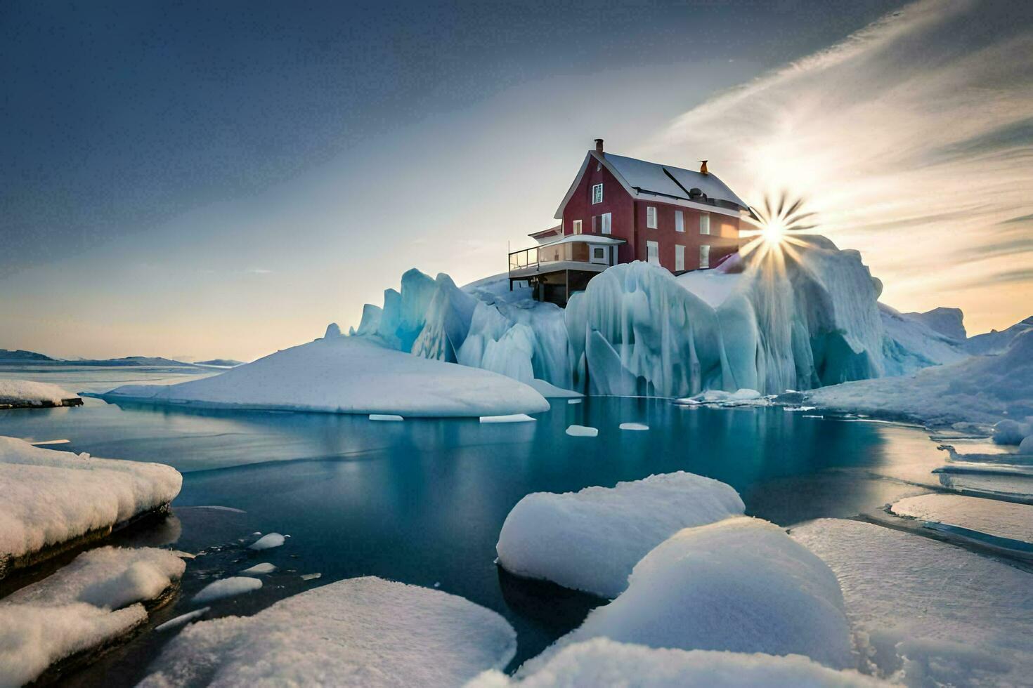 een huis Aan een ijsberg in de midden- van de oceaan. ai-gegenereerd foto