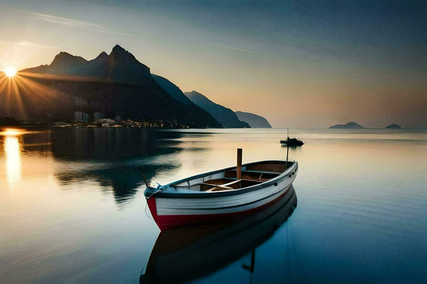 een boot zit Aan de water Bij zonsondergang. ai-gegenereerd foto