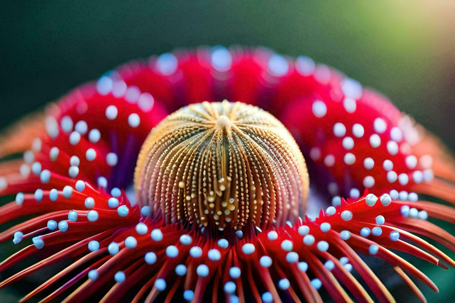 een dichtbij omhoog van een rood bloem met wit stippen. ai-gegenereerd foto